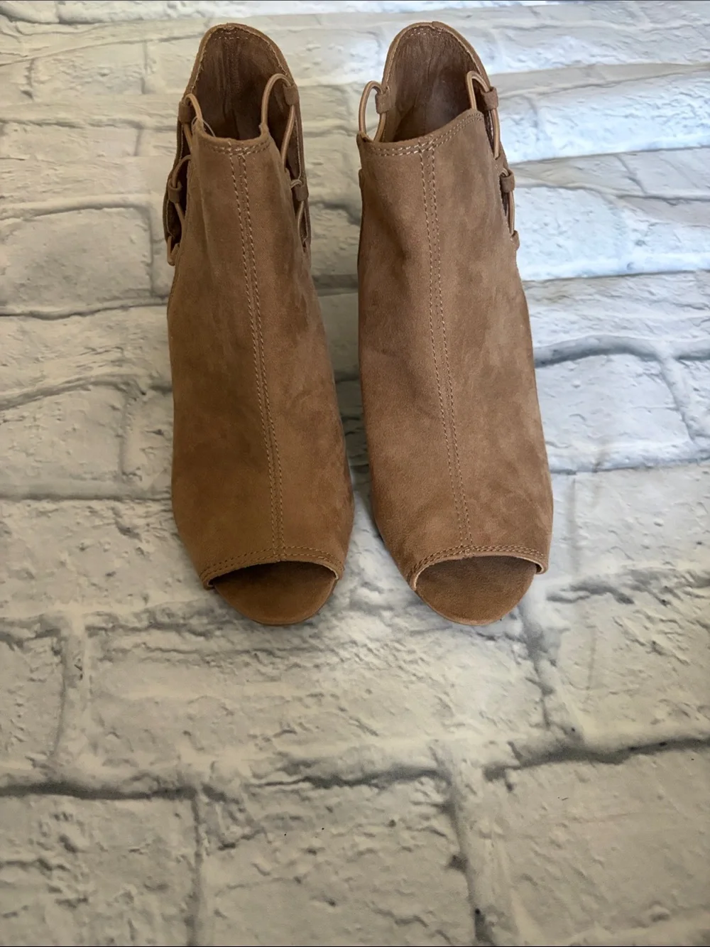 Women's Suede Peep-Toe Wedge Ankle Booties - Tan